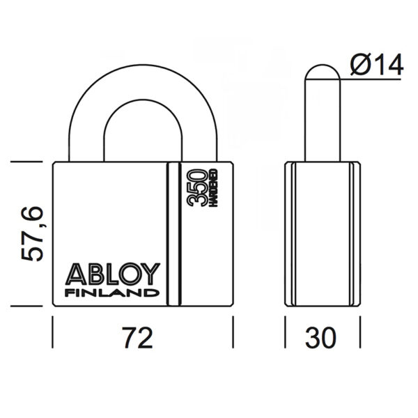 echnische tekening Abloy PL350/50T hangslot met maatvoering
