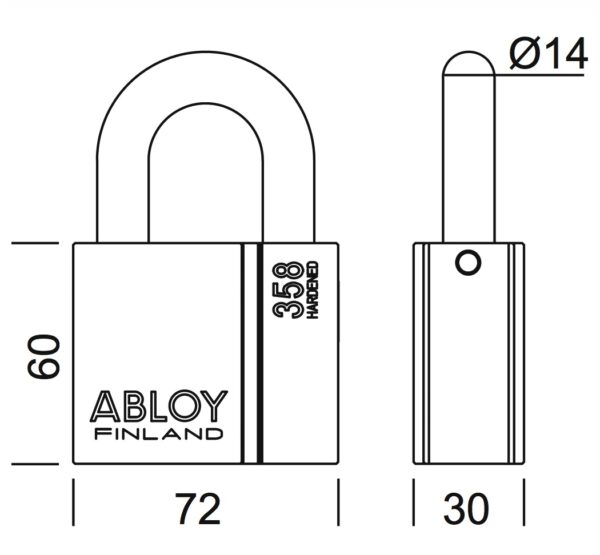 Technische tekening Abloy PL358 hangslot met afmetingen en beugeldikte