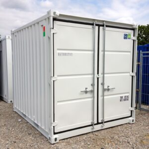10FT opslagcontainer in blauw of wit, eenmalig gebruikt, met houten vloer en gegalvaniseerde deursluitingen.