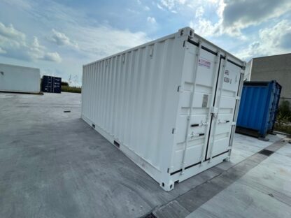 Eerste reis 20FT open side zeecontainer in wit (RAL 9010), nieuw, wind- en waterdicht, met dubbele deuren.