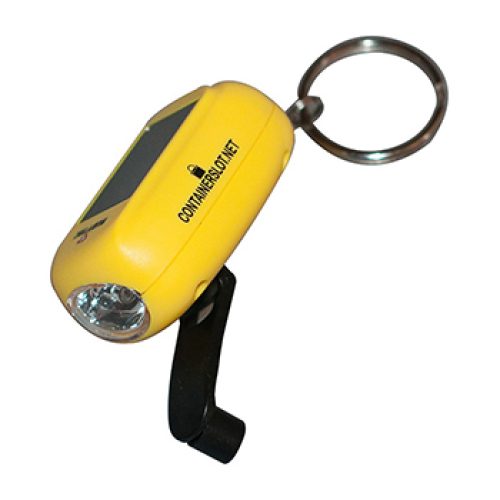 Dynamo & Zonnepaneel Sleutelhanger Zaklamp, compact en oplaadbaar zonder batterijen.