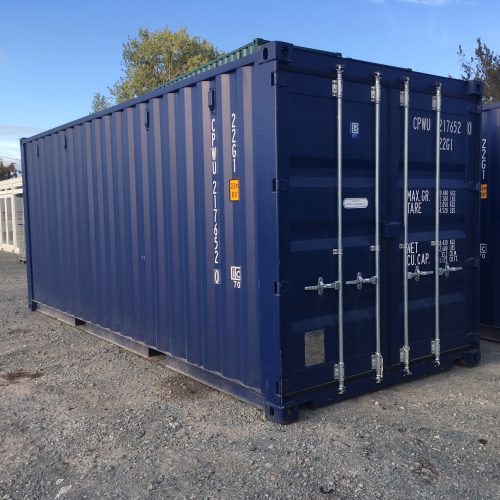 Eerste reis 20FT zeecontainer in blauw (RAL 5013), nieuw, wind- en waterdicht, met geldige CSC-keuring