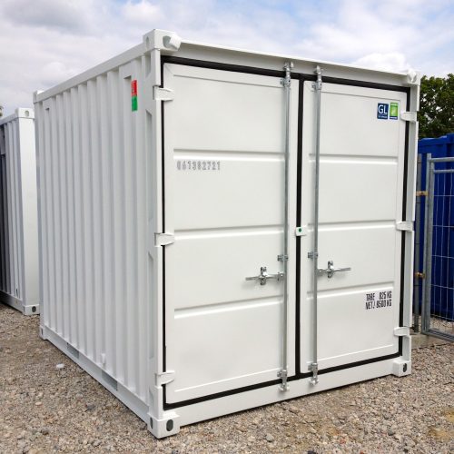 10FT opslagcontainer in blauw of wit, eenmalig gebruikt, met houten vloer en gegalvaniseerde deursluitingen.